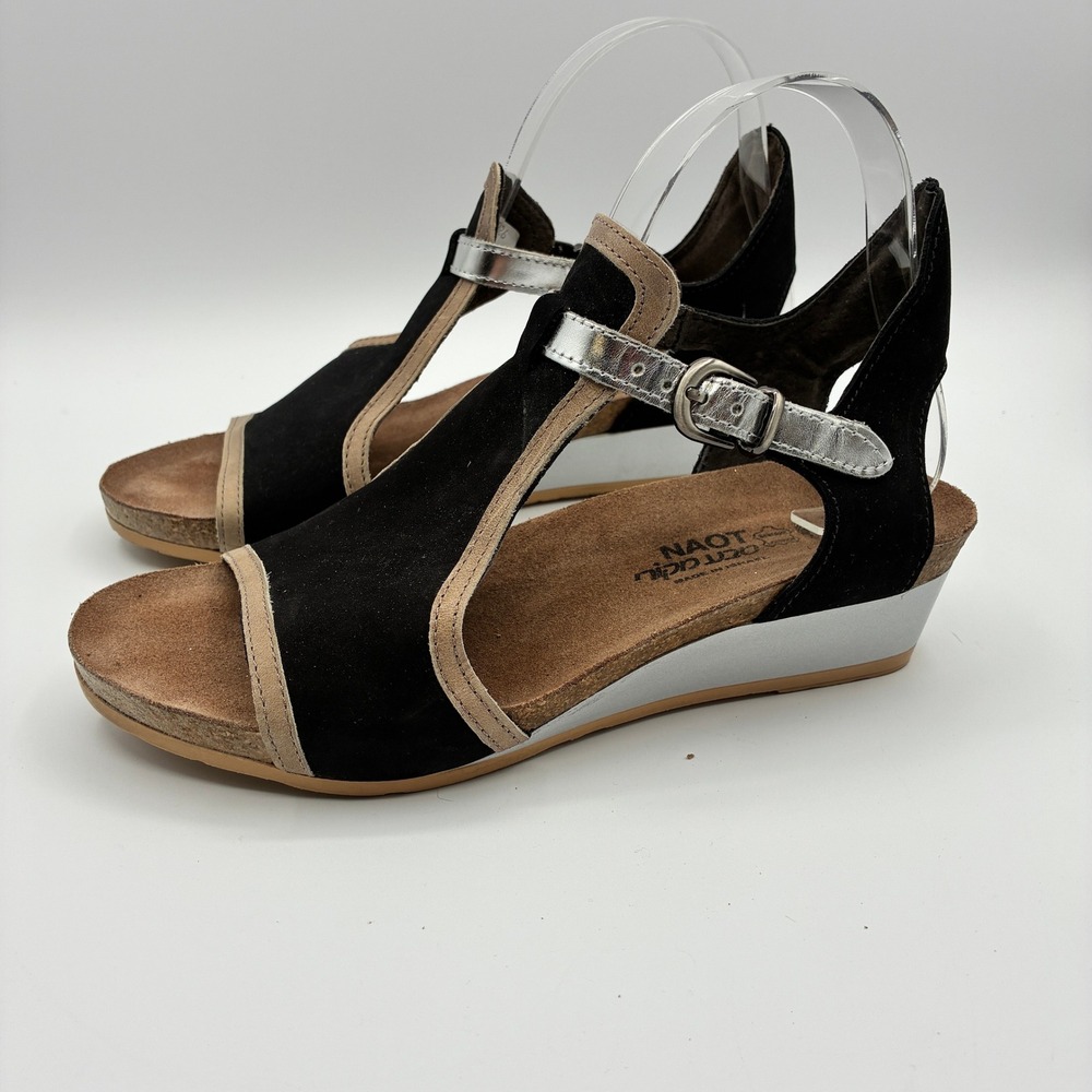 Naot Fiona Wedge Sandals Womens 38 US 7 Black Silver Leather T-Strap Shoes
